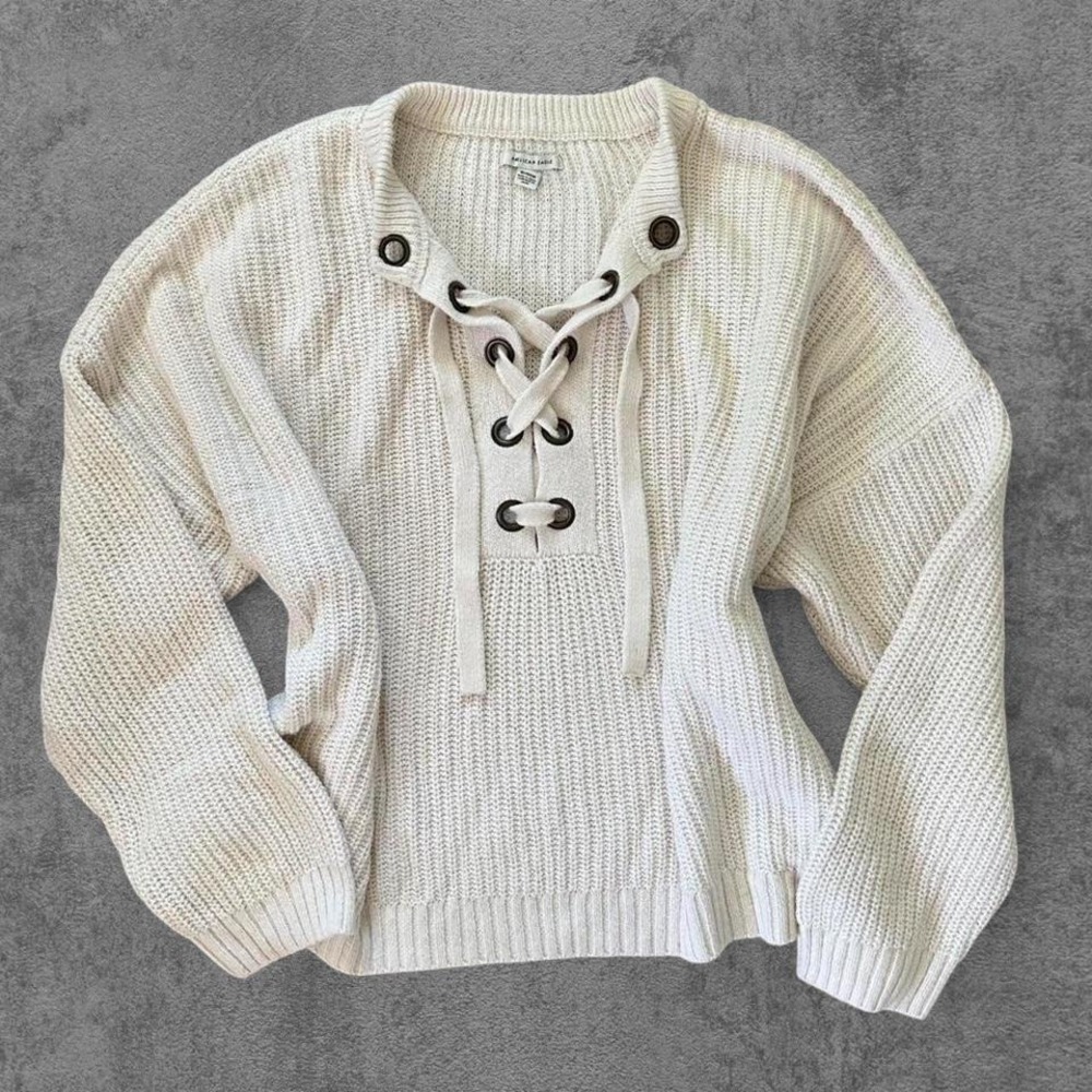 American Eagle Womens XL Ivory‎ Lace Up Grommet Chunky Knit Oversized Sweater